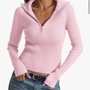 Pink Ribbed zip v neck Sweater fitted Amazon women’s medium